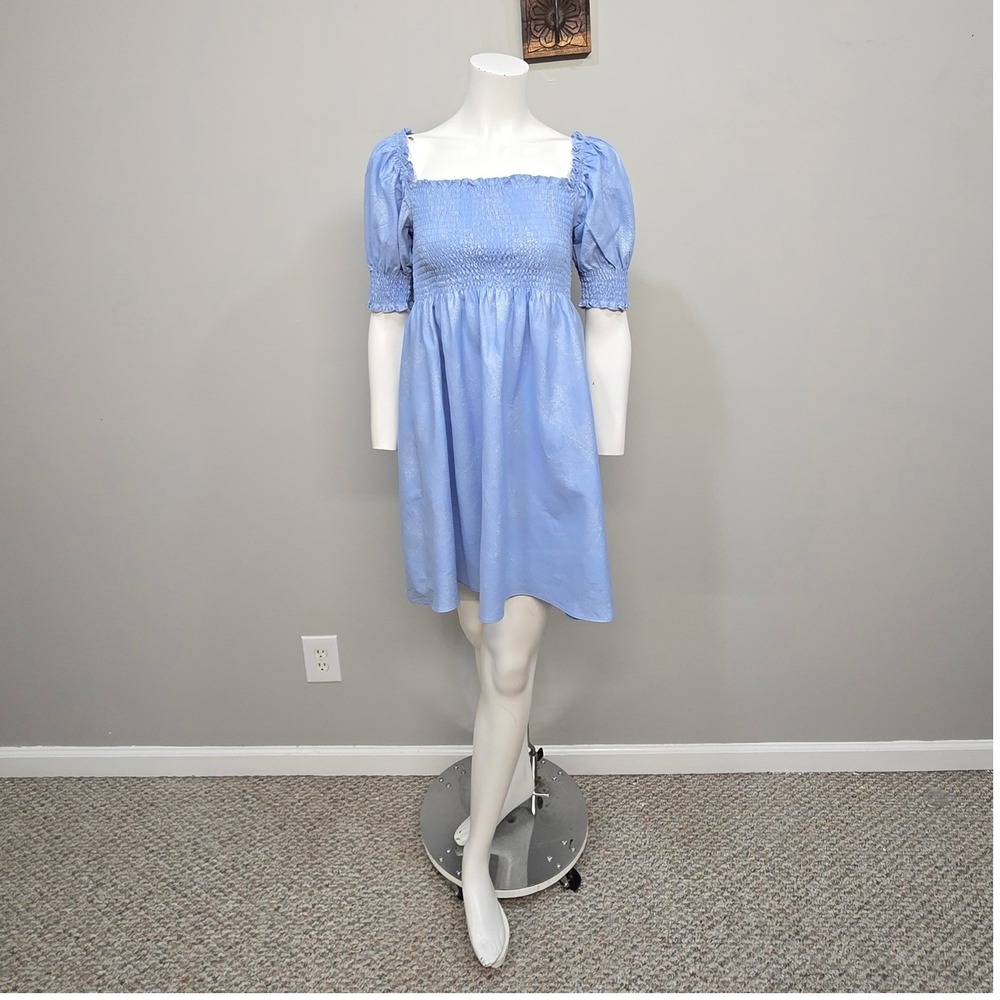 Hill House Home Athena Nap Dress Small Blue Metallic Smocked Puff Sleeve Mini